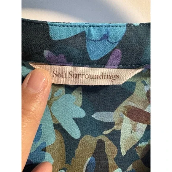 Soft Surroundings Floral Blouse Womens Medium Teal Boho Button Front Tunic Top - Picture 3 of 6